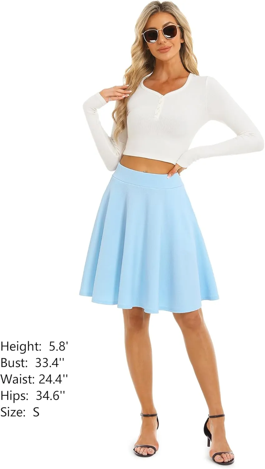 Stelle Women's 20" Knee Length Skirts with Pockets Casual Basic Midi Skirt Stretchy A-Line Skater Flared Pleated