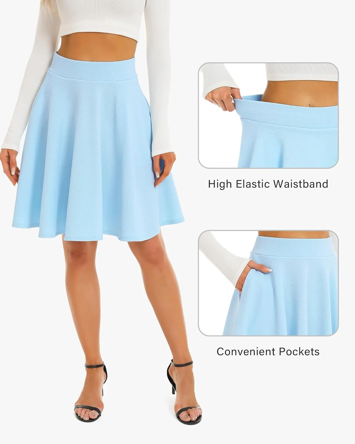 Stelle Women's 20" Knee Length Skirts with Pockets Casual Basic Midi Skirt Stretchy A-Line Skater Flared Pleated