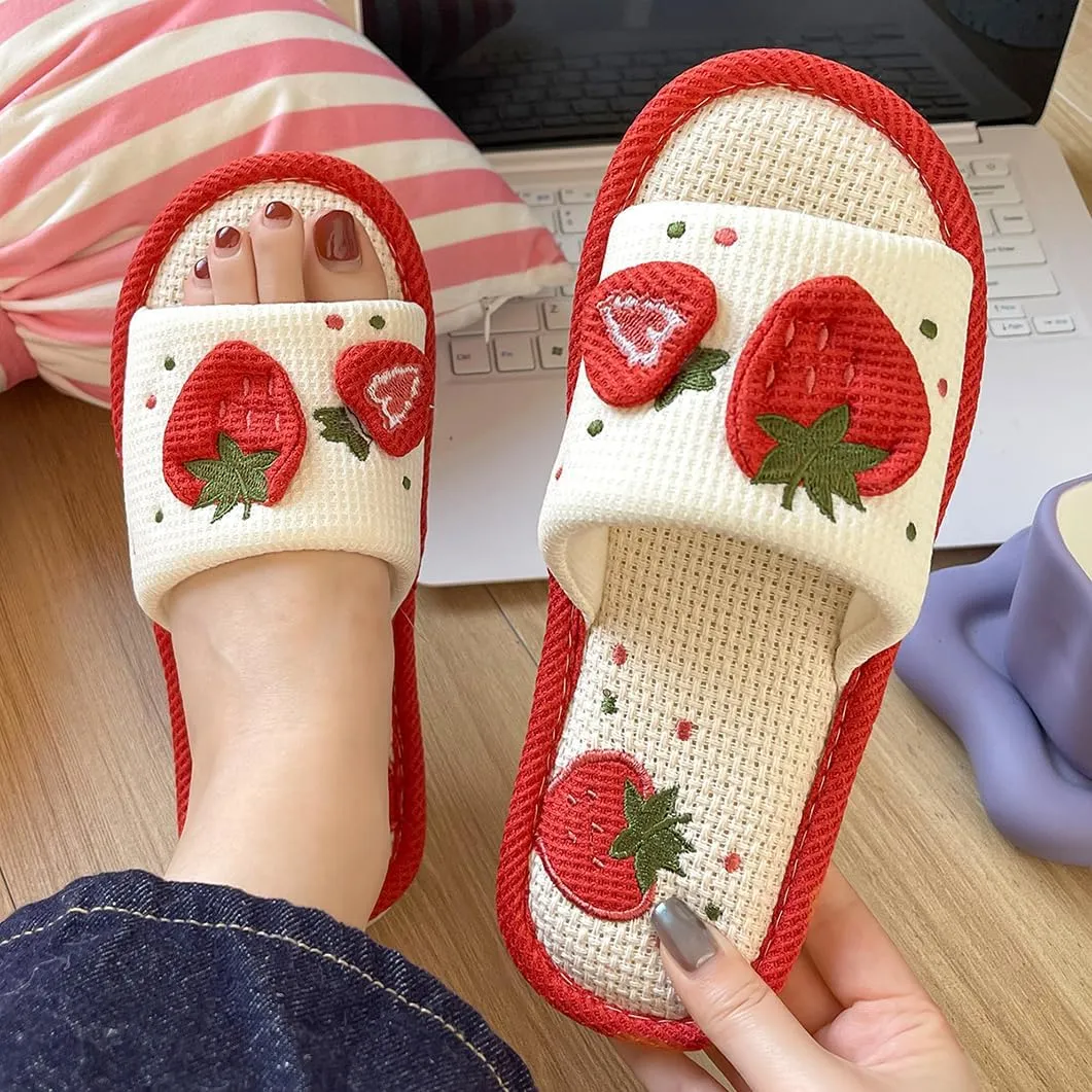 Strawberry House Slippers for Women Soft Comfortable Cute Cartoon Cotton Linen Slip on Slides Memory Foam Open Toe Indoor Outdoor Shoes