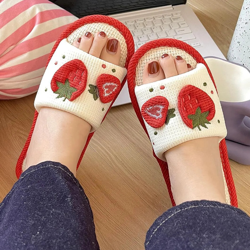 Strawberry House Slippers for Women Soft Comfortable Cute Cartoon Cotton Linen Slip on Slides Memory Foam Open Toe Indoor Outdoor Shoes