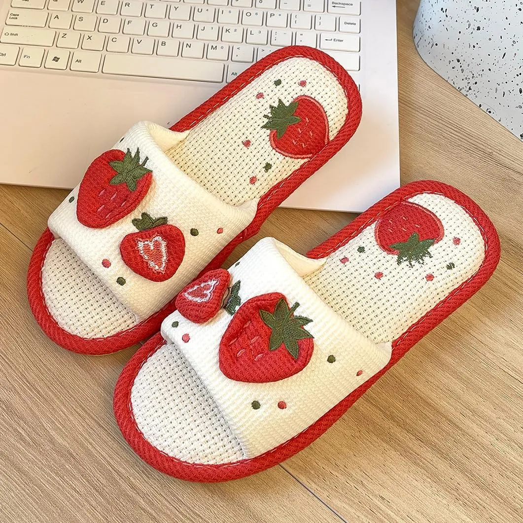 Strawberry House Slippers for Women Soft Comfortable Cute Cartoon Cotton Linen Slip on Slides Memory Foam Open Toe Indoor Outdoor Shoes