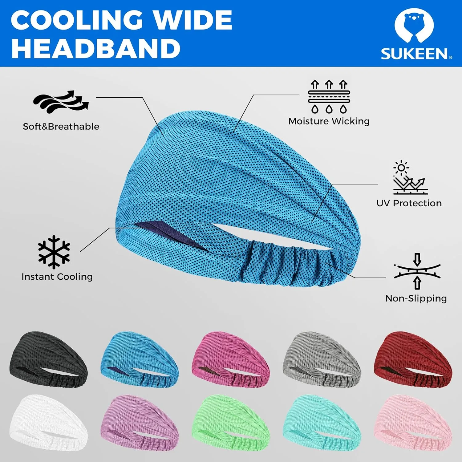 Sukeen Cooling Workout Headbands Women Men, Wide Stretchy Non-Slip Moisture Wicking Hairband, Sports Running Sweat Bands