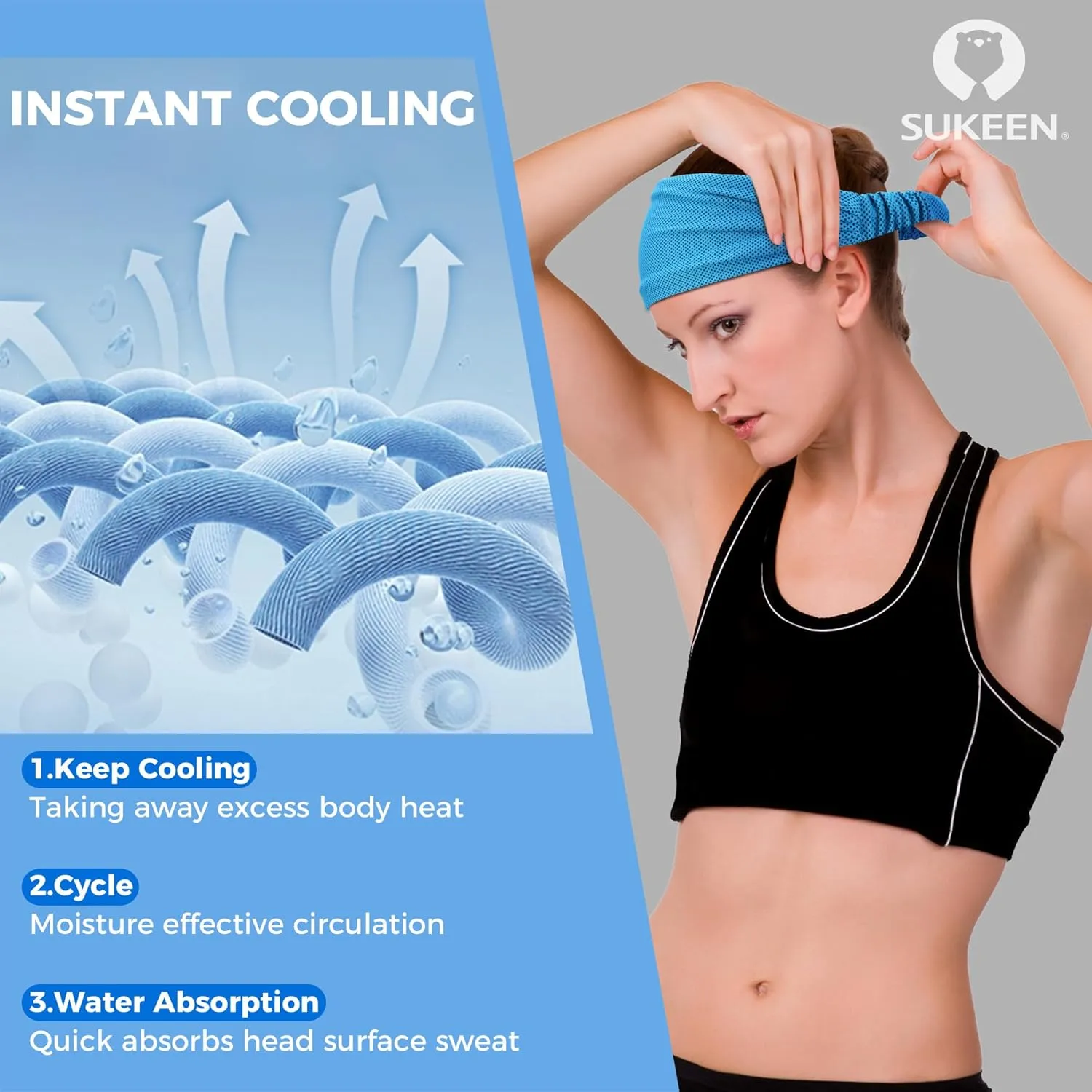 Sukeen Cooling Workout Headbands Women Men, Wide Stretchy Non-Slip Moisture Wicking Hairband, Sports Running Sweat Bands