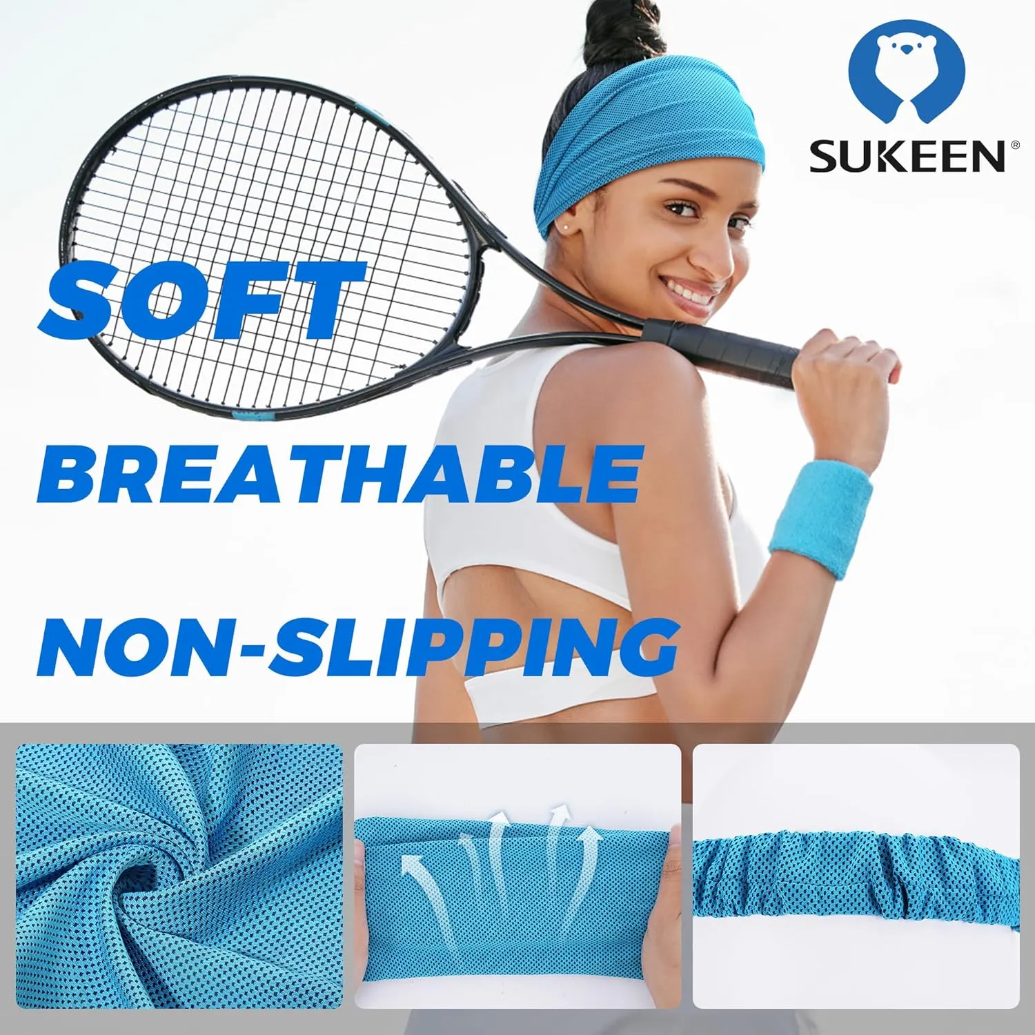 Sukeen Cooling Workout Headbands Women Men, Wide Stretchy Non-Slip Moisture Wicking Hairband, Sports Running Sweat Bands