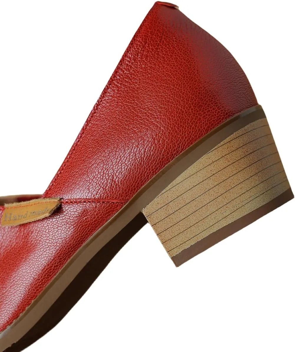 TinaCus Soft Genuine Leather Handmade Chunky Heels Women's Slip On Pointed Toe Loafers Shoes