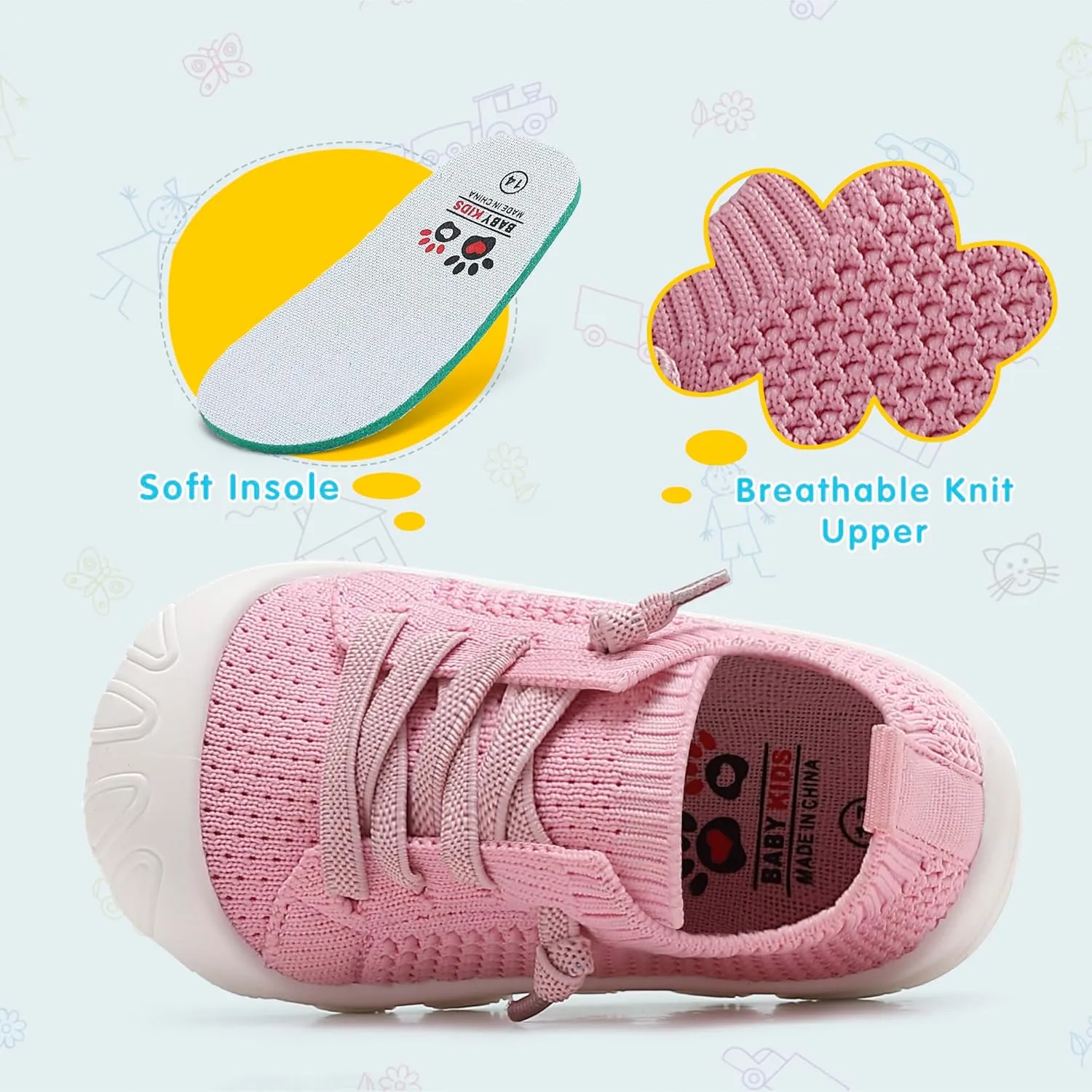 Toddler Baby Girls Boys Shoes Toddler Walking Sneakers Kids Barefoot Slip on Tennis Infant Shoes Lightweight Breathable for First Babies