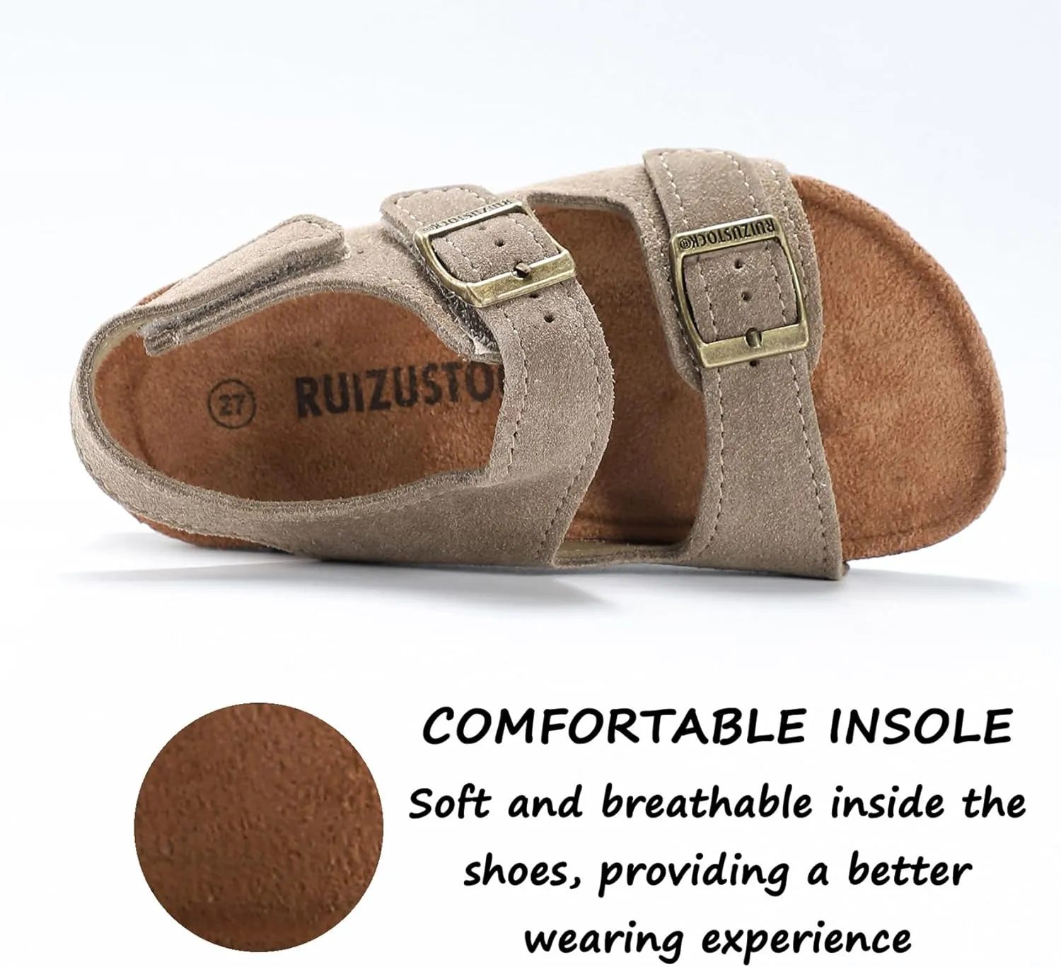 Toddler Sandals Boys Girls Cork Footbed Sandals Kids Adjustable Back Strap Slippers Double Buckle Slide Beach Shoes for Indoor Outdoor