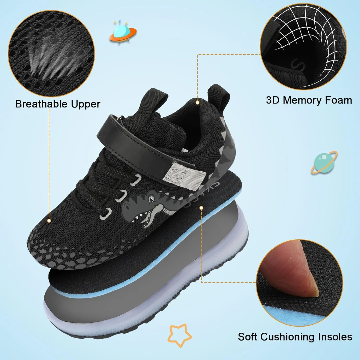 Toddler Sneakers Light Up Shoes for Boy Girl with Hook and Loop Comfortable Led Shoes Non-Slip Dinosaur Shark Shoes Little Kid