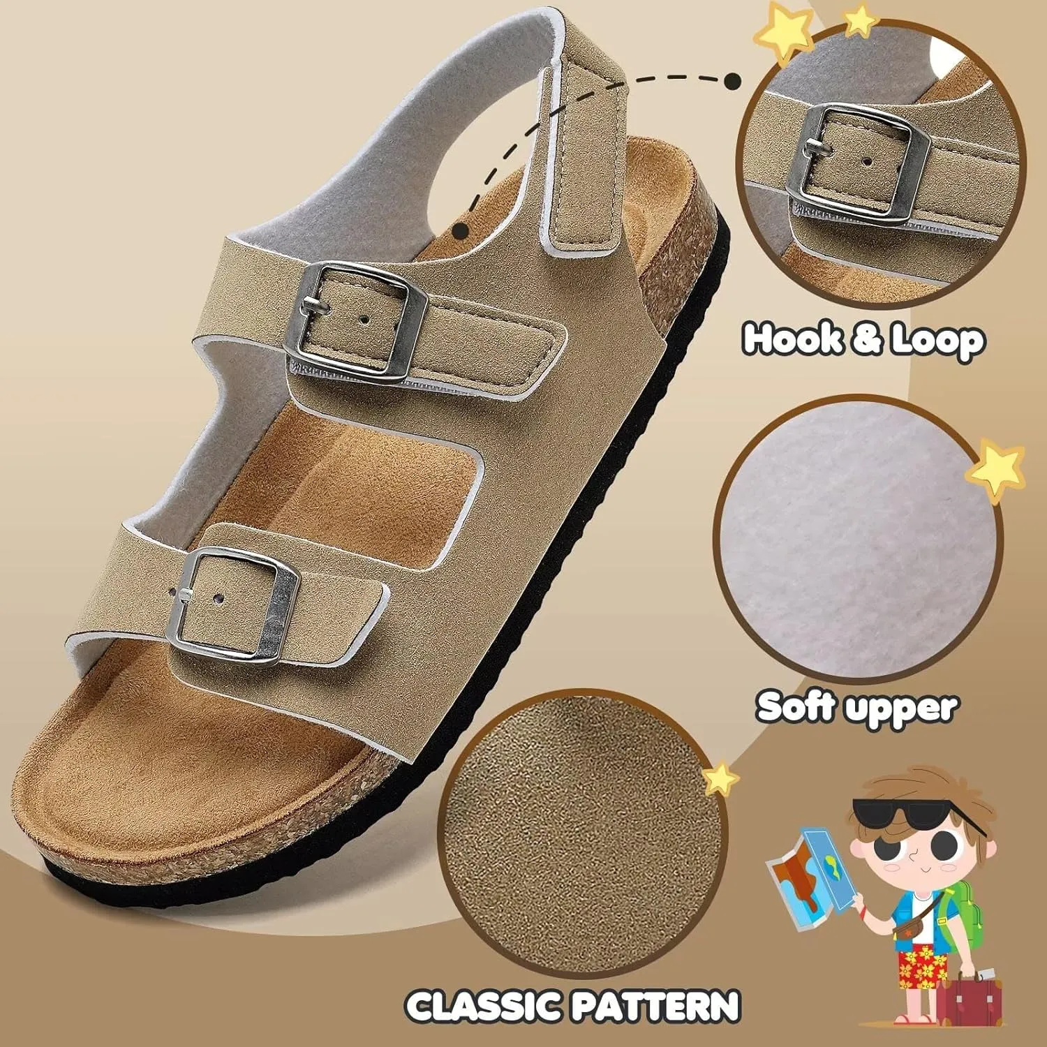 Torotto Girls Boys Sandals with Cork Footbed Adjustable Buckle Casual Slides Sandals Open Toes Flat for Kids Toddler