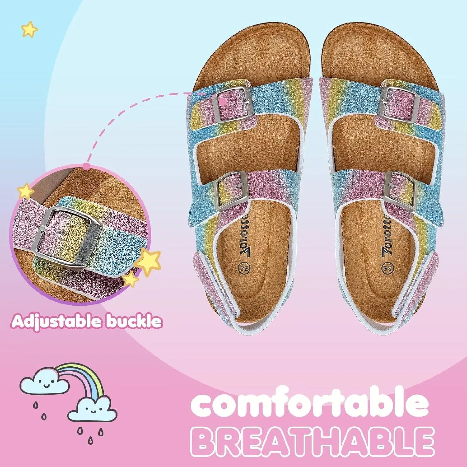 Torotto Girls Boys Sandals with Cork Footbed Adjustable Buckle Casual Slides Sandals Open Toes Flat for Kids Toddler