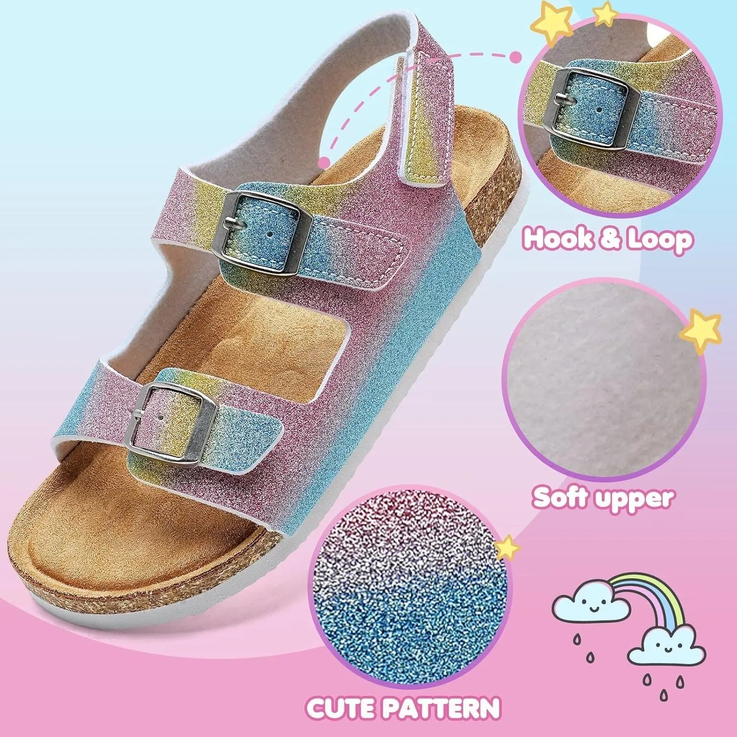 Torotto Girls Boys Sandals with Cork Footbed Adjustable Buckle Casual Slides Sandals Open Toes Flat for Kids Toddler