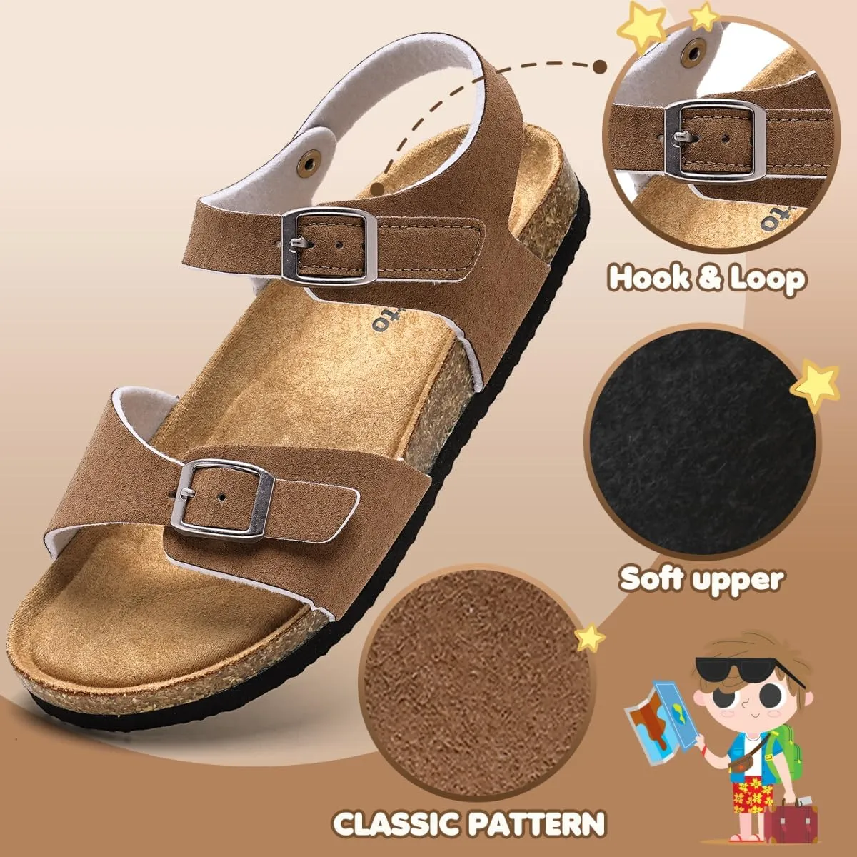 Torotto Girls Boys Sandals with Cork Footbed Adjustable Buckle Casual Slides Sandals Open Toes Flat for Kids Toddler