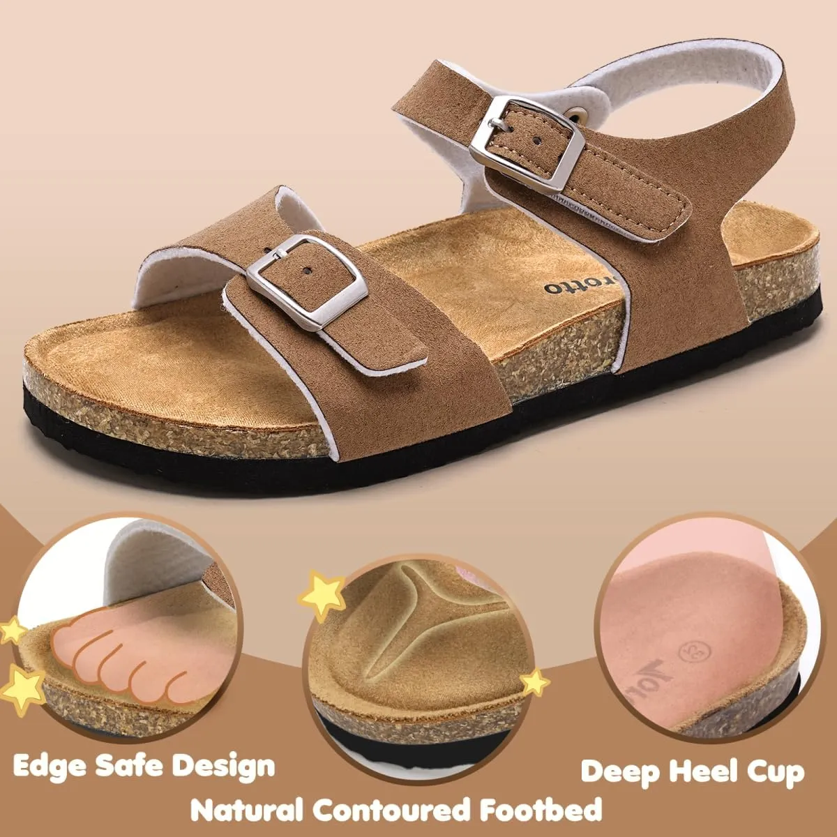 Torotto Girls Boys Sandals with Cork Footbed Adjustable Buckle Casual Slides Sandals Open Toes Flat for Kids Toddler