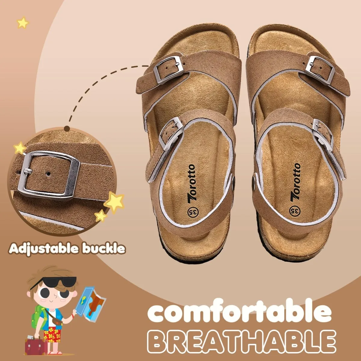 Torotto Girls Boys Sandals with Cork Footbed Adjustable Buckle Casual Slides Sandals Open Toes Flat for Kids Toddler