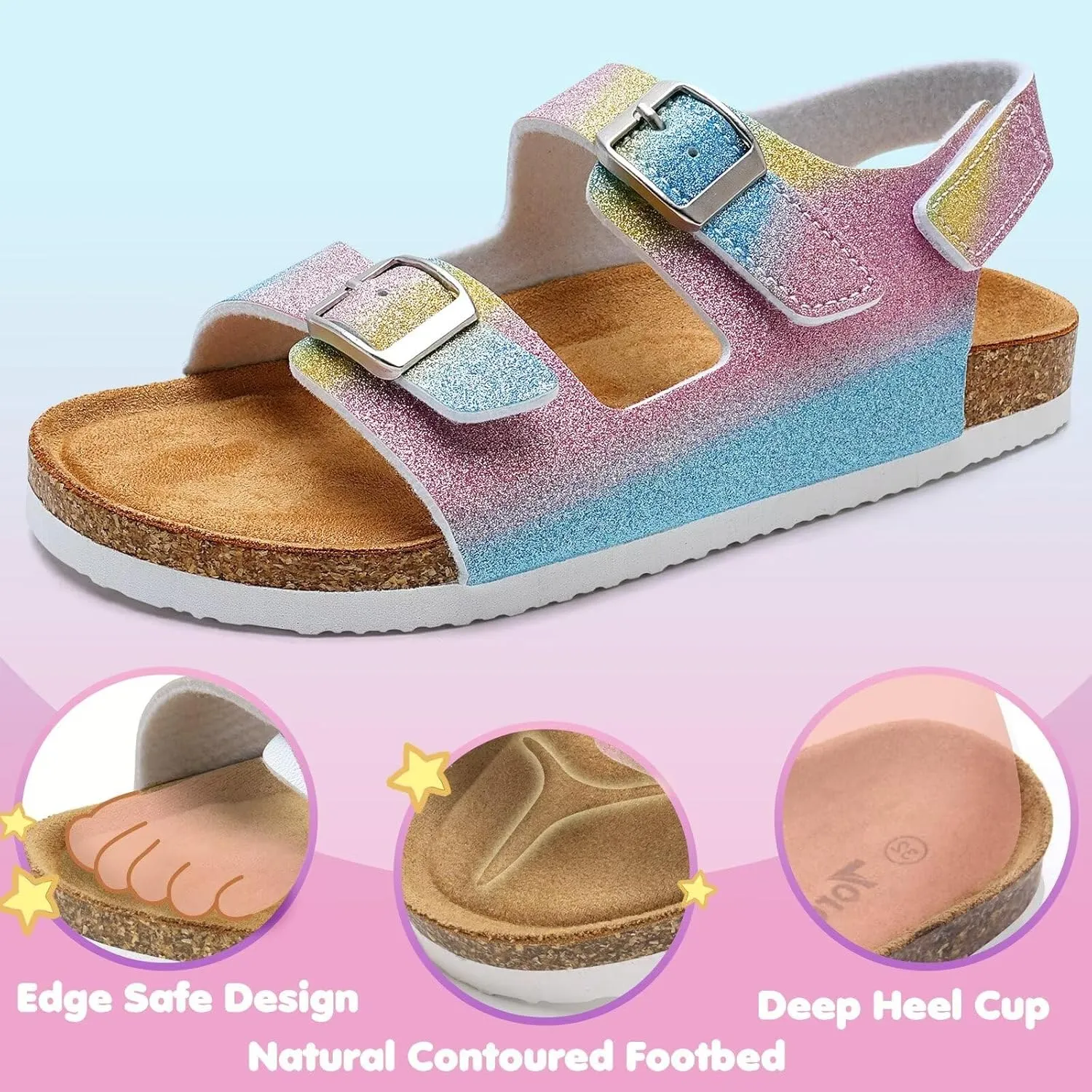 Torotto Girls Boys Sandals with Cork Footbed Adjustable Buckle Casual Slides Sandals Open Toes Flat for Kids Toddler