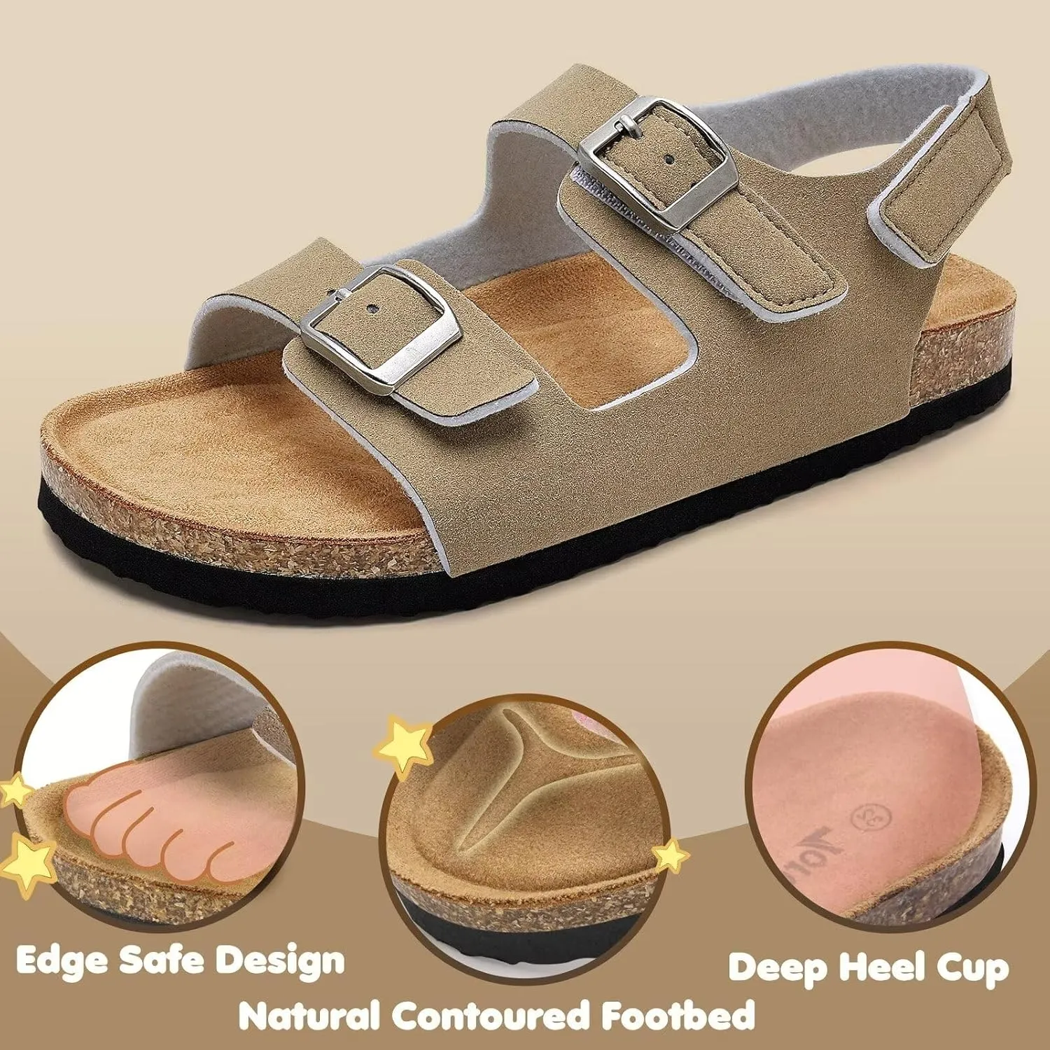 Torotto Girls Boys Sandals with Cork Footbed Adjustable Buckle Casual Slides Sandals Open Toes Flat for Kids Toddler