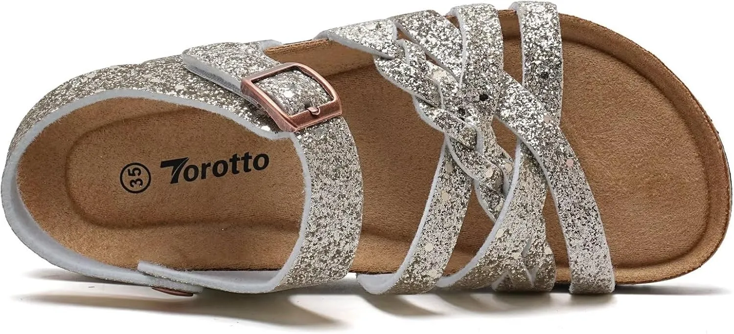 Torotto Girls Sandals with Cork Footbed Adjustable Buckle Casual Slides Sandals Open Toes Flat for Kids Toddler