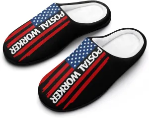 U.S. Postal Worker Flag Soft Men's Cotton Slippers Flannel Winter Warm Home Shoes House Shoes Non-Slip Washable