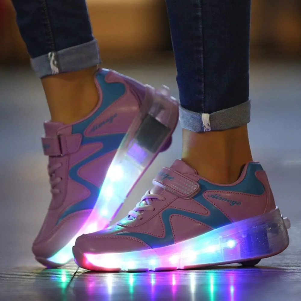 USB Rechargeable Roller Shoes Sneakers for Boys Girls Kids Gift LED Light Up Wheels Shoes Roller Skates
