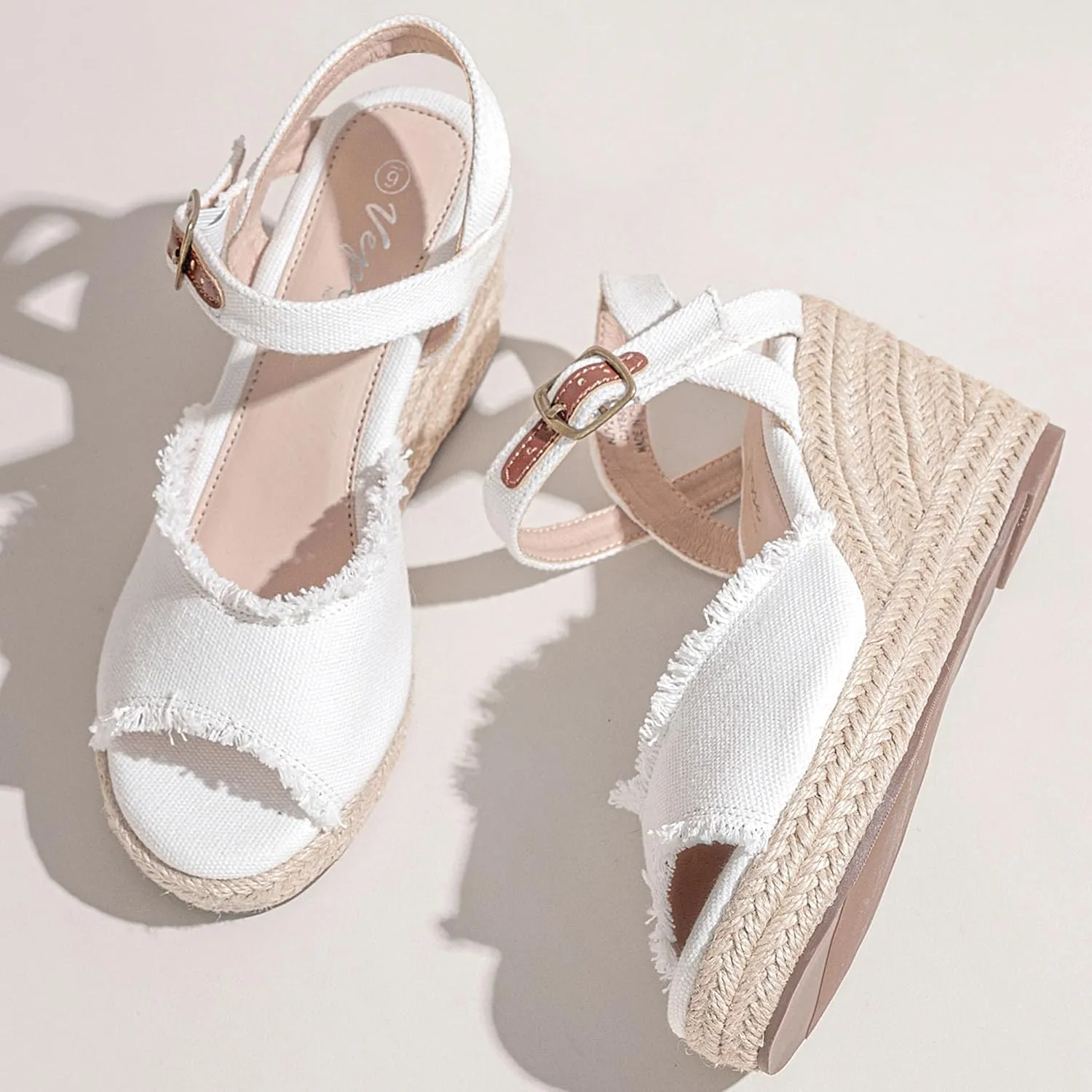 Vepose Women's 880 Wedge Sandals Peep Toe, 3.3" Inch High Heel Platform Espadrilles Sandals with Ankle Buckle