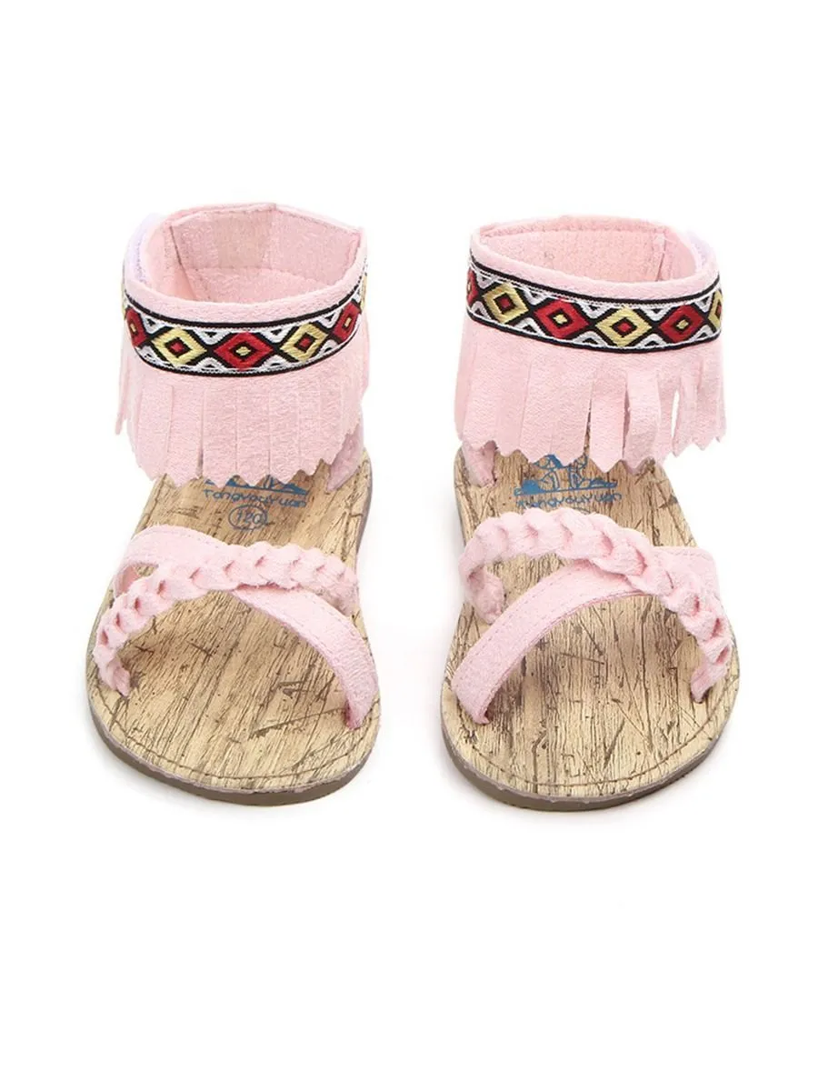 Vintage Tassel Trim Shoes Anti-Slip Prewalker Baby Sandal