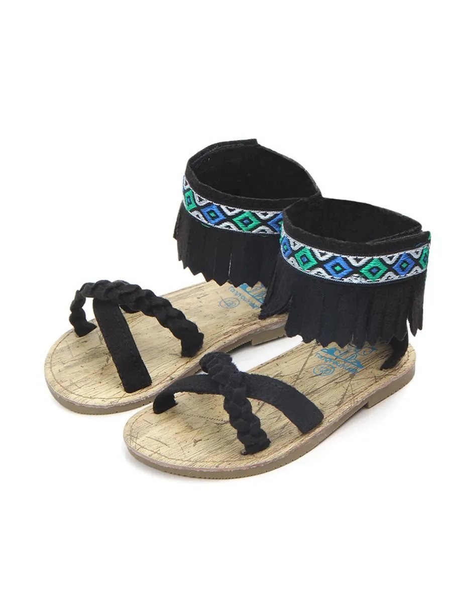 Vintage Tassel Trim Shoes Anti-Slip Prewalker Baby Sandal
