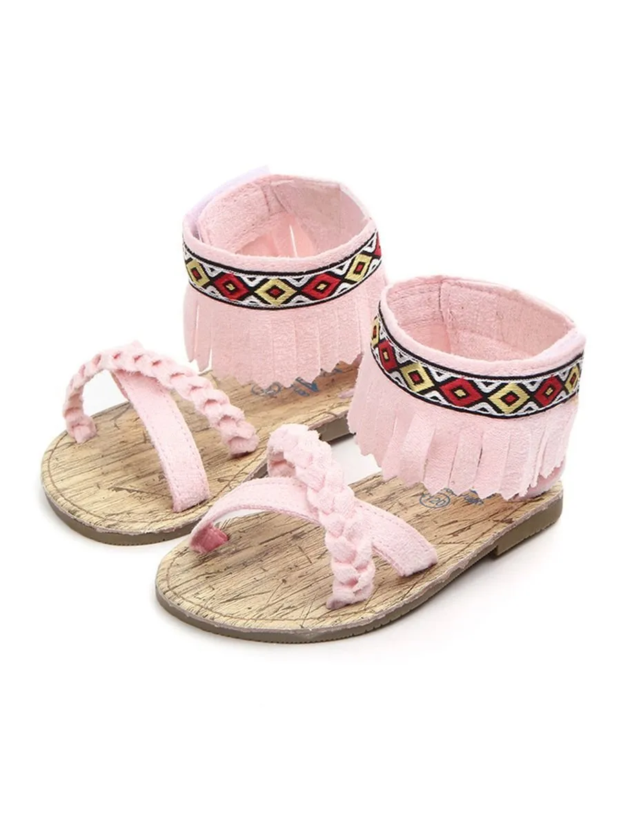Vintage Tassel Trim Shoes Anti-Slip Prewalker Baby Sandal
