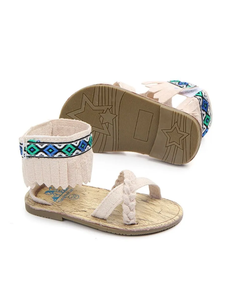 Vintage Tassel Trim Shoes Anti-Slip Prewalker Baby Sandal