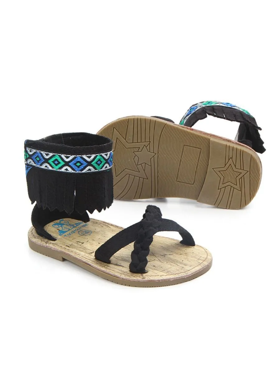 Vintage Tassel Trim Shoes Anti-Slip Prewalker Baby Sandal