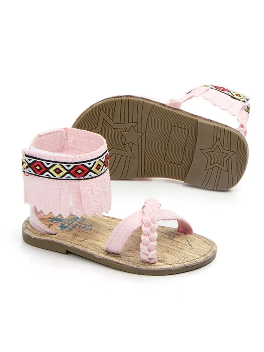 Vintage Tassel Trim Shoes Anti-Slip Prewalker Baby Sandal