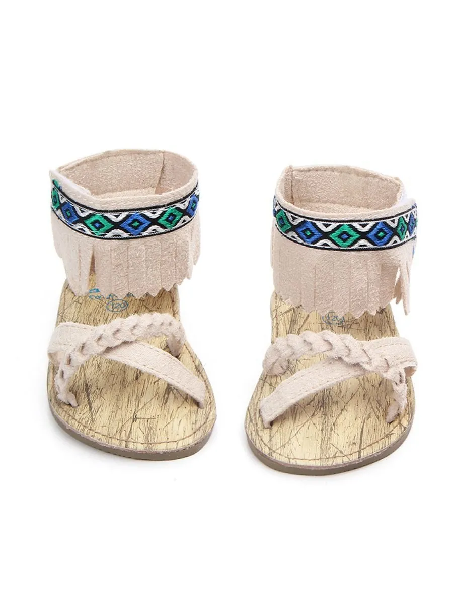 Vintage Tassel Trim Shoes Anti-Slip Prewalker Baby Sandal