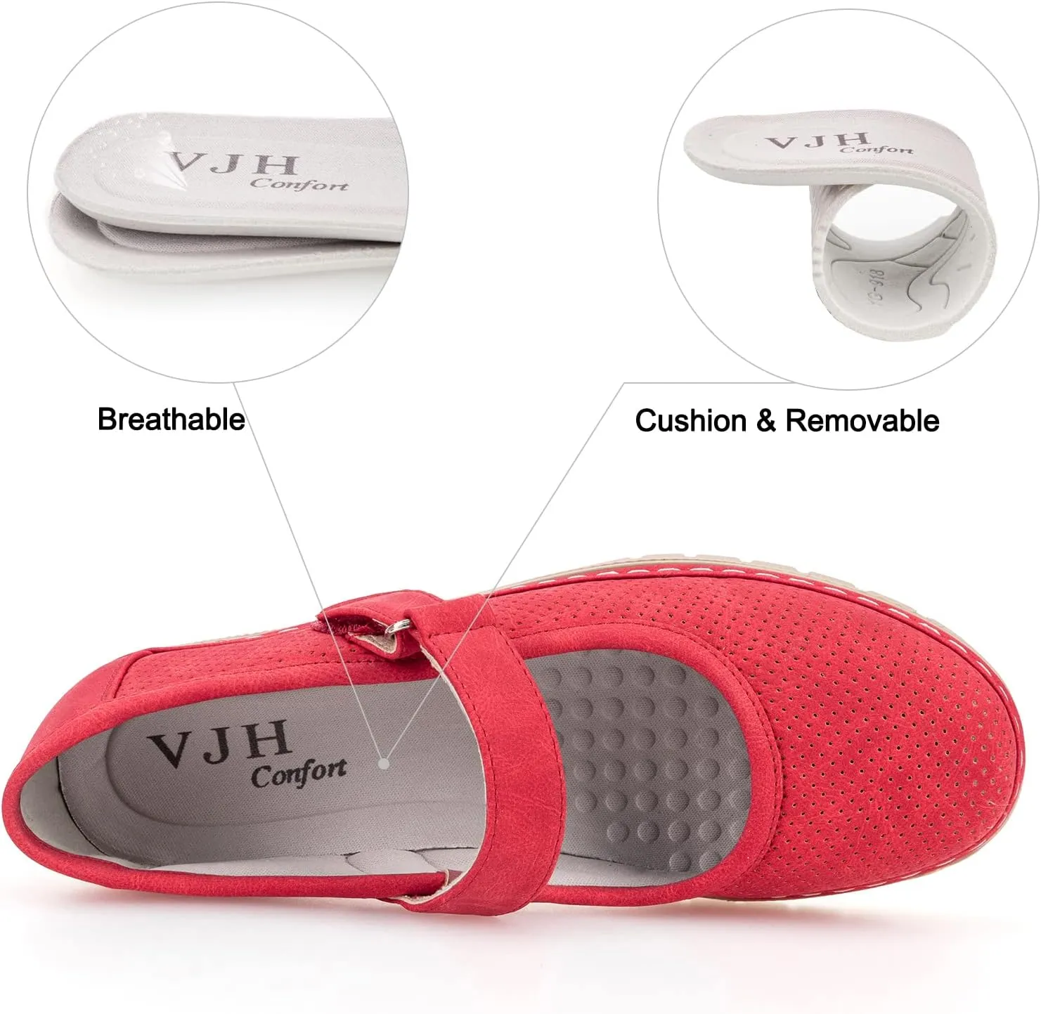 VJH confort Women s Mary Jane Flats, Breathable Comfort Round Toe Low Heel Slip-on Light Weight Walking Shoes