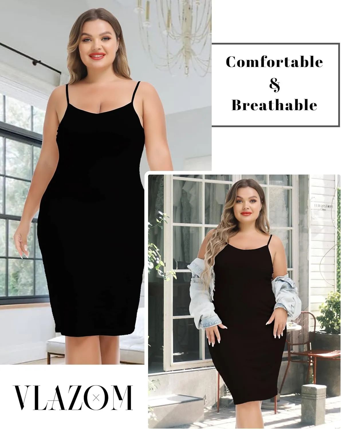 Vlazom Women's Plus Size Full Slip Dresses V-Neck Soft Nightgown Adjustable Spaghetti Strap Mini Casual Dress Under Dresses