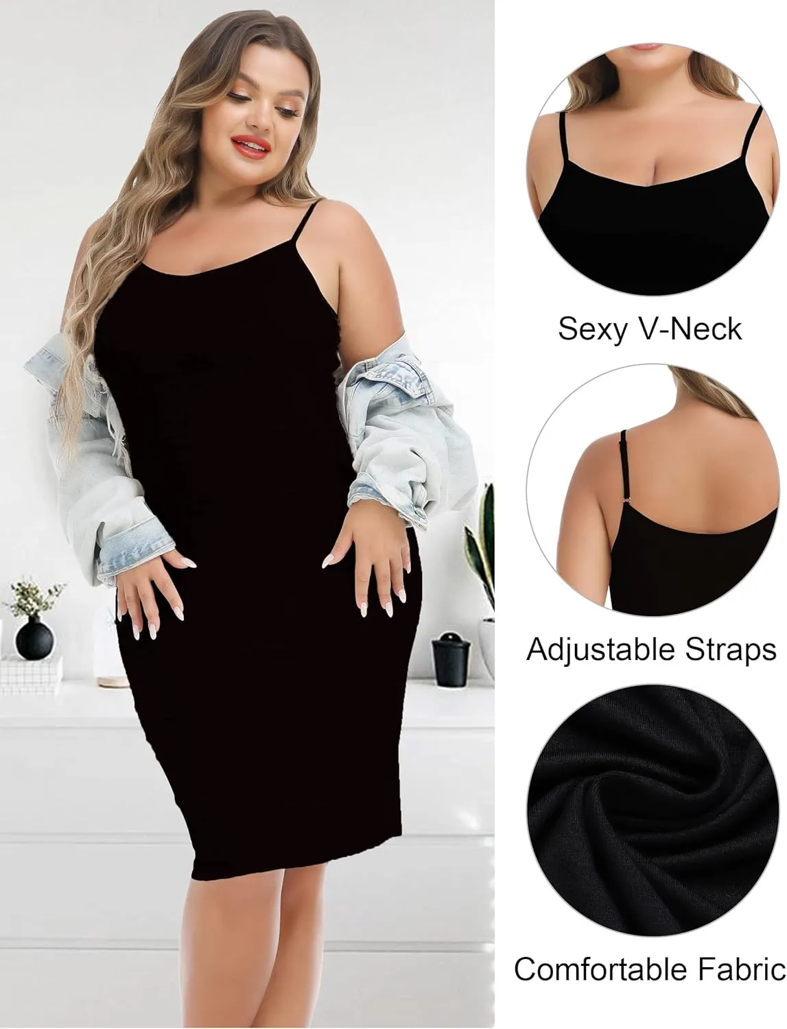 Vlazom Women's Plus Size Full Slip Dresses V-Neck Soft Nightgown Adjustable Spaghetti Strap Mini Casual Dress Under Dresses
