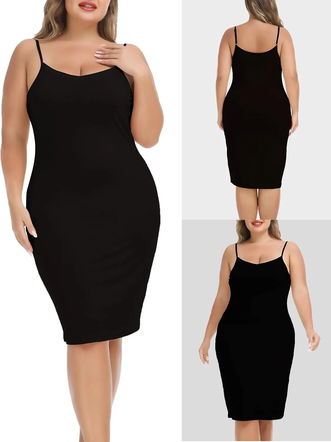 Vlazom Women's Plus Size Full Slip Dresses V-Neck Soft Nightgown Adjustable Spaghetti Strap Mini Casual Dress Under Dresses