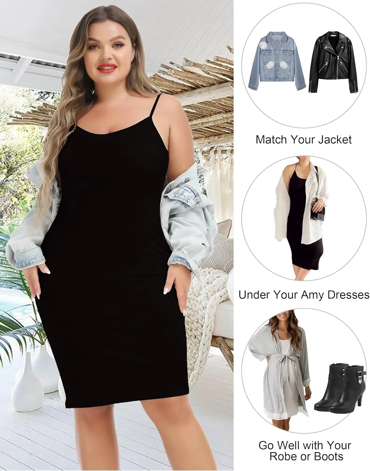 Vlazom Women's Plus Size Full Slip Dresses V-Neck Soft Nightgown Adjustable Spaghetti Strap Mini Casual Dress Under Dresses