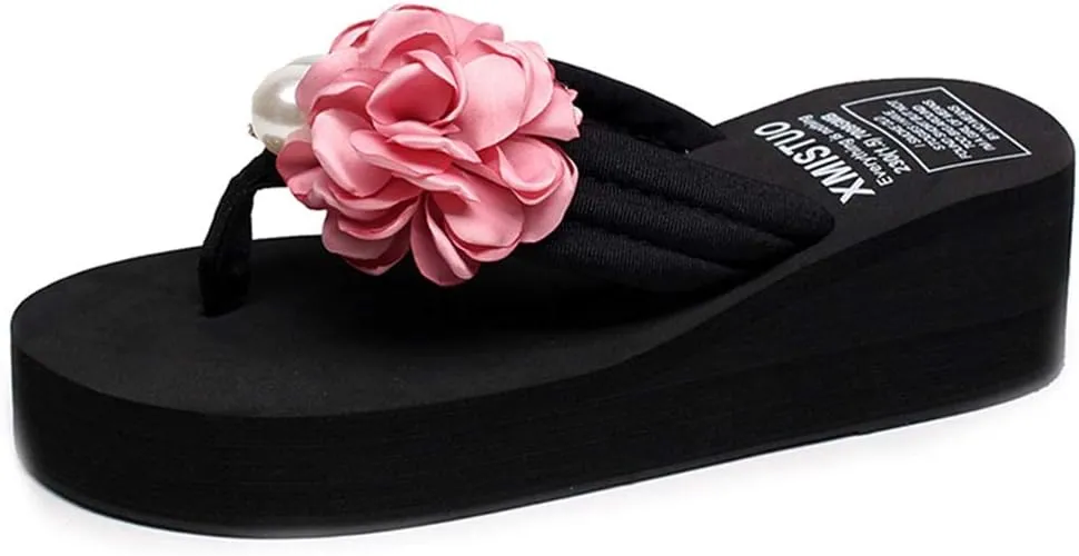 VOKLIN Women's Bohemian Flower Wedge Flipflop Sandals Summer Platform Nonslip High Heel Beach Thong Sandal
