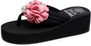 VOKLIN Women's Bohemian Flower Wedge Flipflop Sandals Summer Platform Nonslip High Heel Beach Thong Sandal