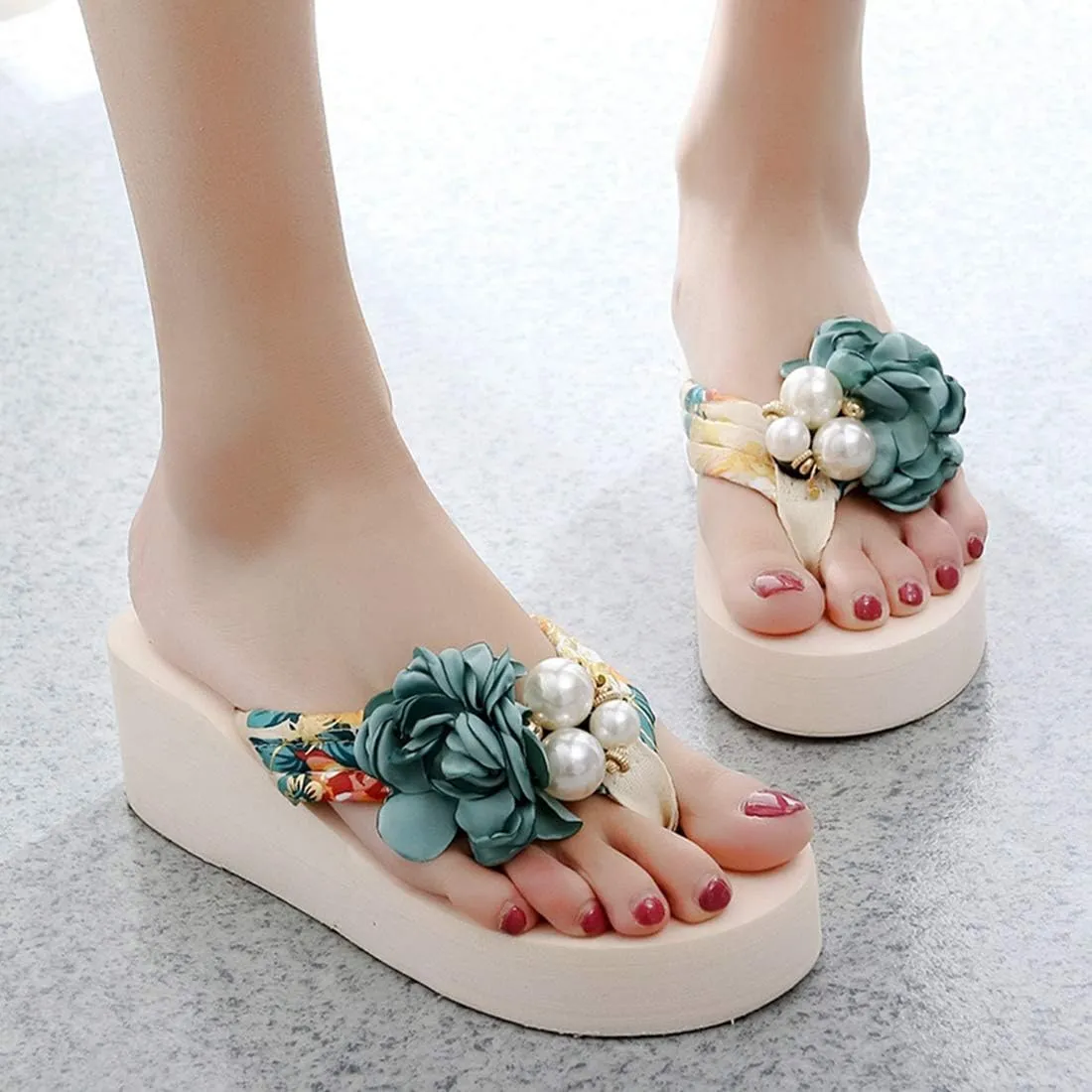 VOKLIN Women's Bohemian Flower Wedge Flipflop Sandals Summer Platform Nonslip High Heel Beach Thong Sandal