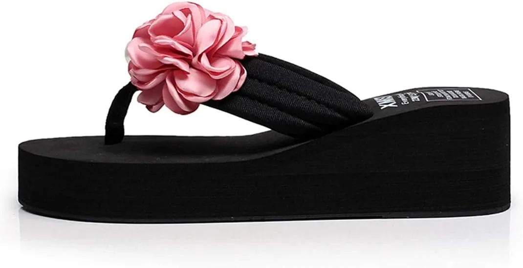 VOKLIN Women's Bohemian Flower Wedge Flipflop Sandals Summer Platform Nonslip High Heel Beach Thong Sandal