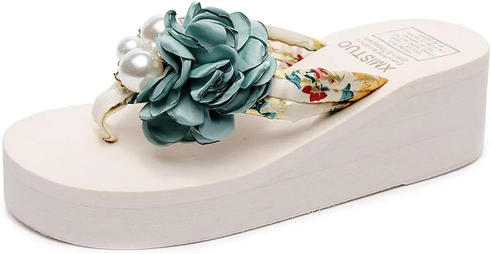 VOKLIN Women's Bohemian Flower Wedge Flipflop Sandals Summer Platform Nonslip High Heel Beach Thong Sandal