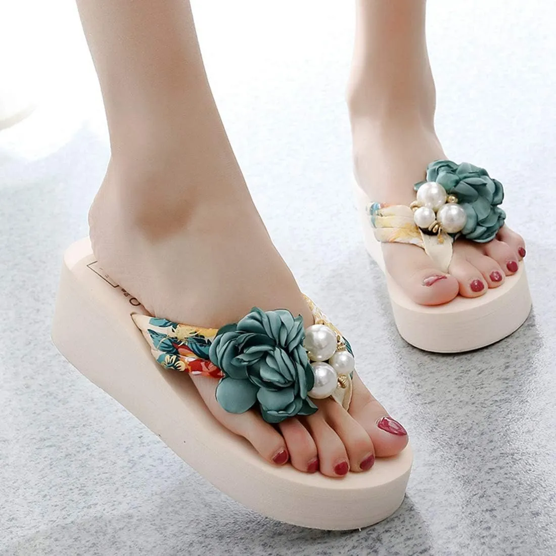 VOKLIN Women's Bohemian Flower Wedge Flipflop Sandals Summer Platform Nonslip High Heel Beach Thong Sandal