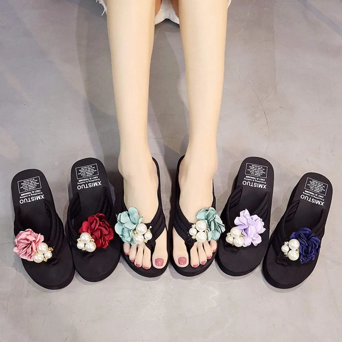 VOKLIN Women's Bohemian Flower Wedge Flipflop Sandals Summer Platform Nonslip High Heel Beach Thong Sandal