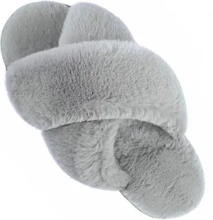 VONMAY Women's Soft Cross Band Slippers Plush Furry Slides Faux Fur Open Toe Comfy Slip On House Shoes