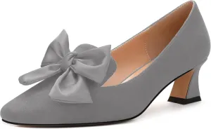 WAYDERNS Womens Bow Solid Bridal Suede Square Toe Slip On Fashion Kitten Low Heel Pumps Shoes 2 Inch