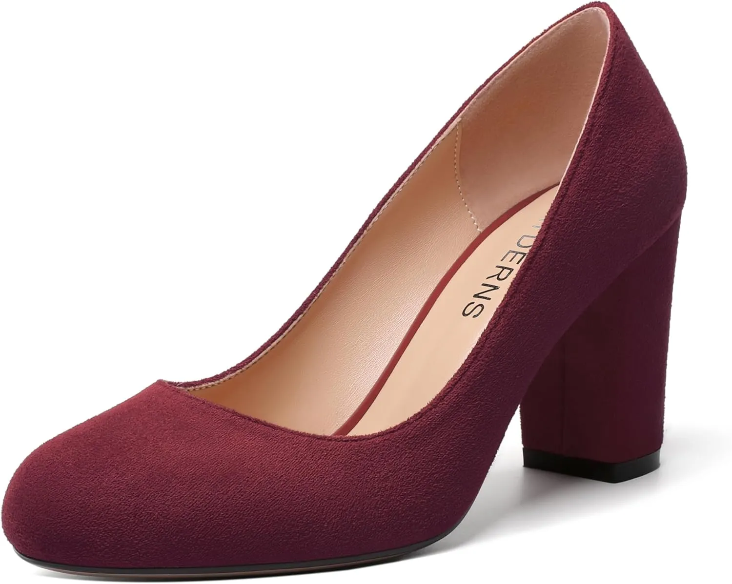 WAYDERNS Womens Suede Round Toe Office Solid Slip On Fashion Block High Heel Pumps Shoes 3.3 Inch