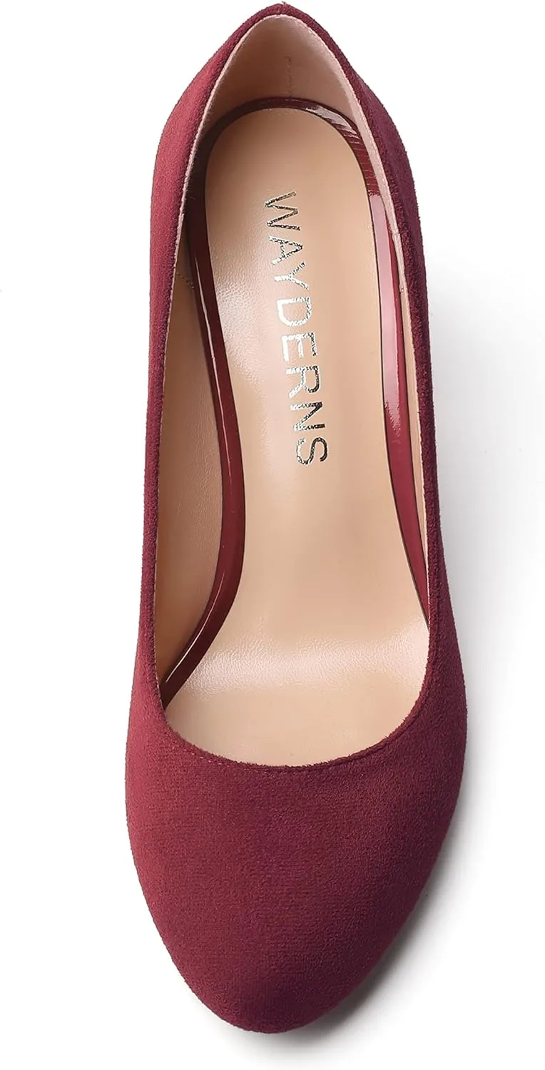 WAYDERNS Womens Suede Round Toe Office Solid Slip On Fashion Block High Heel Pumps Shoes 3.3 Inch