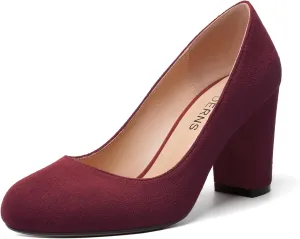 WAYDERNS Womens Suede Round Toe Office Solid Slip On Fashion Block High Heel Pumps Shoes 3.3 Inch