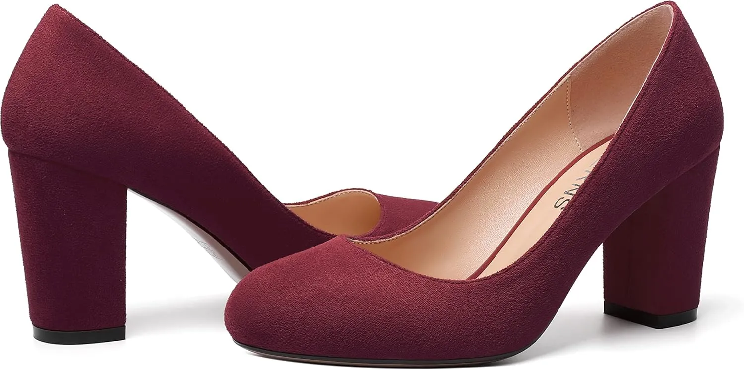 WAYDERNS Womens Suede Round Toe Office Solid Slip On Fashion Block High Heel Pumps Shoes 3.3 Inch