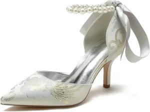 Wedding Shoes for Bride Bowknot Pumps Womens Closed Toe Pointed Toe Bridal Shoes Stiletto Strap Floral Satin Sandals Pearl Evening Dress